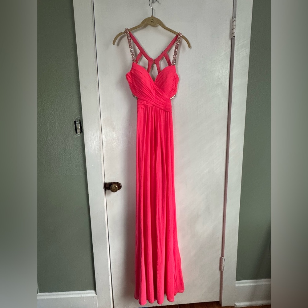 LA FEMME Pink Party Prom Pageant Rhinestone Open Back Dress Gown